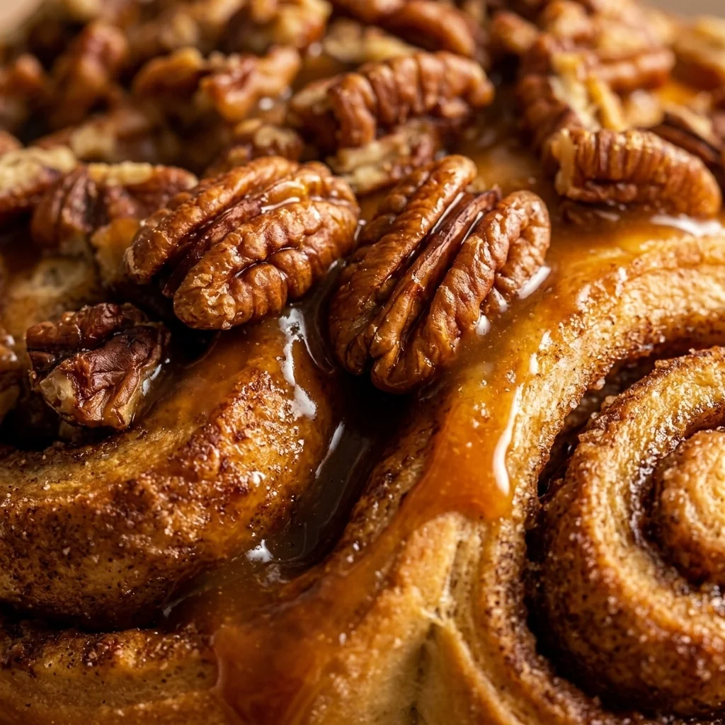 Close-up of pecan caramel cinnamon roll